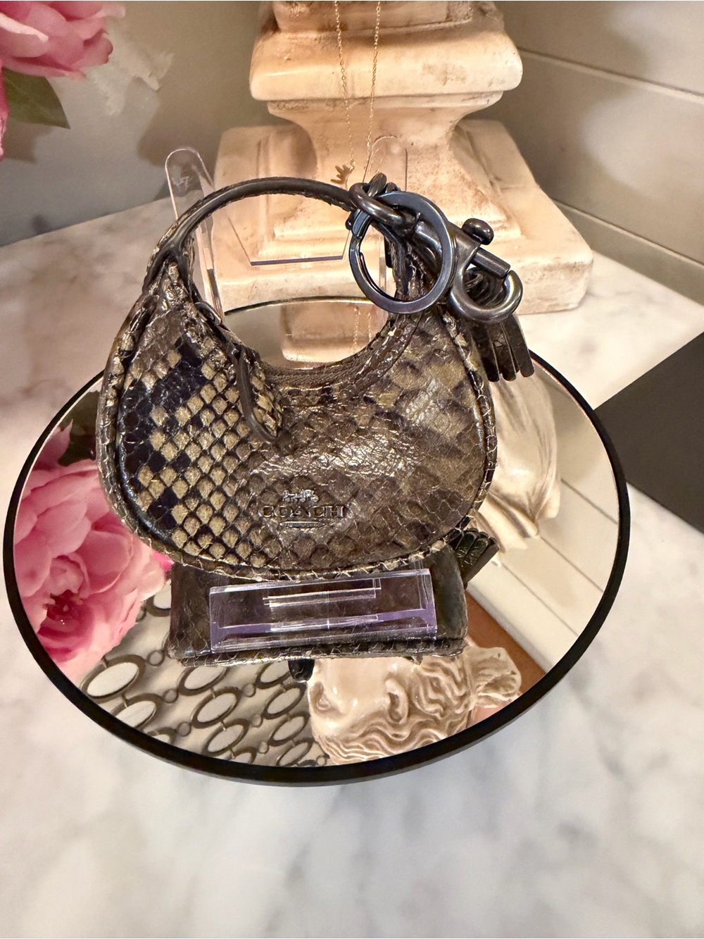 Coach Mini Hobo Keychain Bag in Metallic Taupe Snake-Embossed Leather